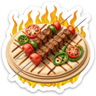 Adana kebab object icon, spicy grilled minced meat skewer, served on flatbread, grilled tomatoes and green peppers on the side, smoky char marks, juicy texture, 3D cartoon, mobile game icon style, centered, clean background, no text, no watermark
 sticker