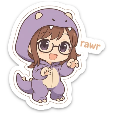 chibi anime style girl with glasses, brown hair, dark purple eyes, wearing a purple dinosaur costume, saying 'rawr' in a cute playful way sticker