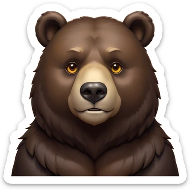 Cinematic Noble Bear Portrait Emoji, Poised and regal, with a large, imposing build and a thick, well-groomed rich dark brown fur, deep-set soulful eyes, Simplified yet sharp and sophisticated features, highly detailed, glowing with a soft, dignified glow, high shine, intelligent and formidable, stylized with an air of wild majesty, focused and attentive, soft glowing outline, capturing the essence of a watchful and commanding guardian, so majestic it feels as though it could lumber out of the screen with effortless authority! sticker