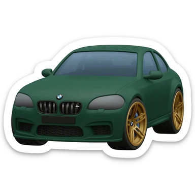 apple ios emoji style, matte dark green BMW M5 CS sports sedan, front three-quarter view, gold wheels, aggressive front bumper, soft 3D emoji rendering, glossy highlights, smooth gradients, simplified details, centered icon, white background, apple emoji design language, ultra clean, high resolution sticker