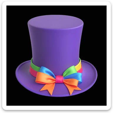 tall vintage-style purple top hat with smooth slightly glossy surface, wide brim, colorful satin ribbon wrapped around base, whimsical and elegant, inspired by Willy Wonka's iconic headwear, apple-style cartoon finish, soft shadows, clean white background sticker