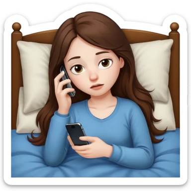 A girl lying in bed, staying up late playing on her phone. She looks exhausted, with dark circles under her eyes and appears very tired sticker