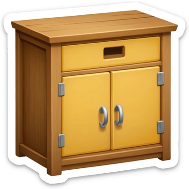 Compact emoji-style icon showing a small wooden cabinet with one door slightly open, a hammer resting beside it, and a plank of wood leaning in the background. Light brown wood tones, silver hammer head, yellow handle. Soft shadows, clean glossy look.  sticker