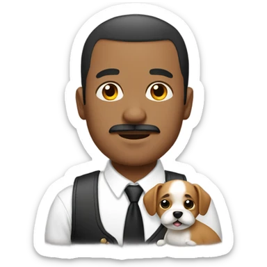 Man with buzz cut and mustache holding a shitzu sticker