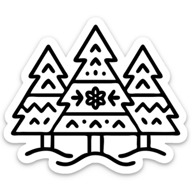 logo illustration of evergreen trees, blending Scandinavian and Slavic folk motifs, dark neutral forest color tones, with outlines, suitable for favicon sticker