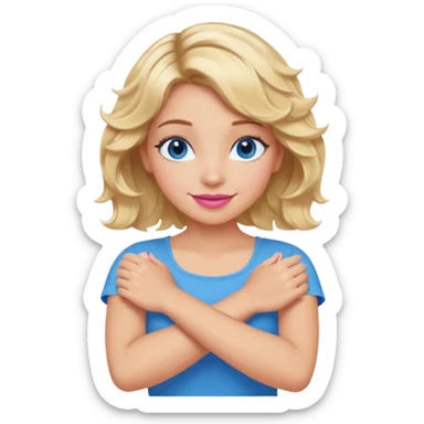 Girl Blonde short wavy hair,  blue eyes, cute blue top, long lashes, pink lips, smiling, making cross arms with arms  sticker