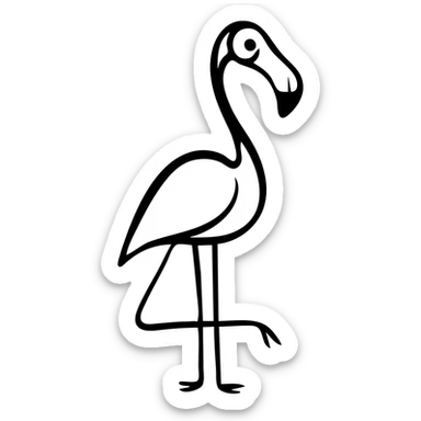 A flamingo in profile with its distinctive curved neck, slender legs, and characteristic beak. The bird is standing elegantly with one leg raised. sticker