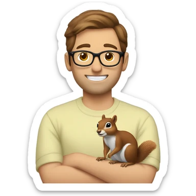 A man with brown hair, glasses and fair skin, feeds a squirrel sticker