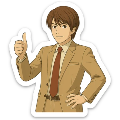 Create an exact Light Yagami in Ghibli style, standing with one hand giving a thumbs up, wearing the same suit, with the same confident expression, on a transparent background. sticker