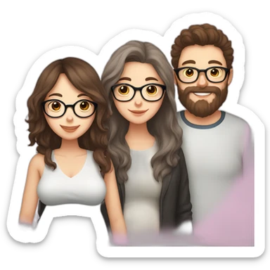 Pregnant girl with half long brown hair with glasses, a boy with long beard, glasses and short hair and english sheepdog sticker