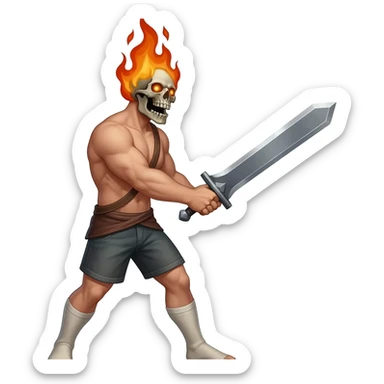 A 4 stage sprite sheet of a man with a burning skull head, show the 4 stages of him attacking with his large sword, shirtless wearing shorts, full body, facing right sticker