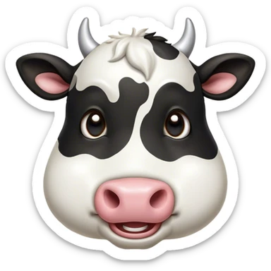 Cinematic Comical Black and White Cow Portrait Emoji, Head tilted dramatically with an exaggeratedly amused expression, featuring a striking, glossy coat of bold black and white, wide, expressive brown eyes filled with playful disbelief, Simplified yet hilariously expressive features, highly detailed, glowing with a slightly sassy glow, high shine, dramatic yet playful, stylized with an air of cheeky mischief, bright and endearing, soft glowing outline, capturing the essence of a spirited and over-the-top cow, so meme-worthy it feels like it could moo its way into internet fame instantly! sticker