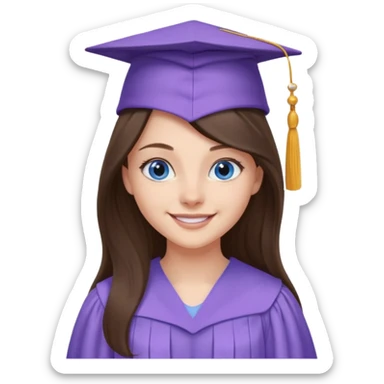 young brunette girl long hair, blue eyes and lilac gown and cap university graduate sticker