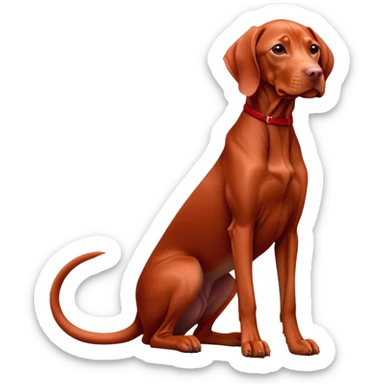 cinematic-[Vizsla-realistic-full-body-sitting-emoji,-tail-resting-loosely-beside-its-paws,-head-tilted-dramatically, -sleek-[red]-fur,-simplified-yet-realistic-focused-features,-highly-detailed,-glowing-with-an-almost-sarcastic-glow sticker