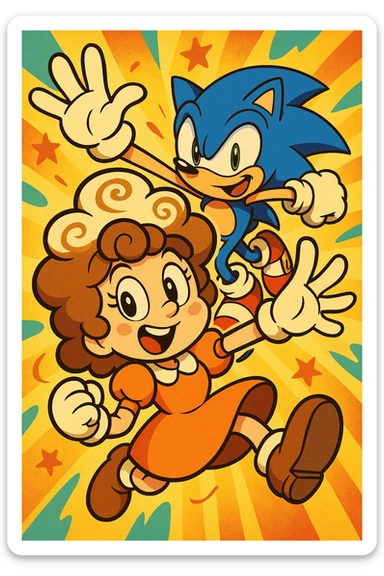 An Italian-style brainrot cappuchina character in the foreground, with Sonic the Hedgehog in the background, playful and colorful composition, cartoonish and energetic style. sticker