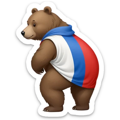 Medium brown bear on all four legs with Russian flag (white, blue, red horizontal stripes) draped over its back, minimalist style, side view sticker