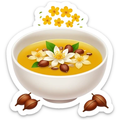 Hangzhou Osmanthus Cassia Soup with chestnuts and flower petals, simplified emoji style with bold outlines and bright colors, cartoon style fragrant dessert bowl sticker