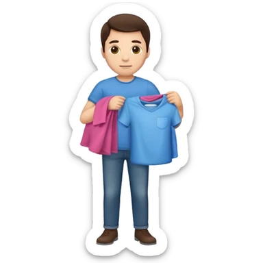 brunette man holding laundry sticker
