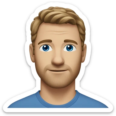 A head and shoulders shot of a 37 year old Caucasian man, with short brown hair, with none facial hair,   with blue eyes wearing a t-shirt. sticker