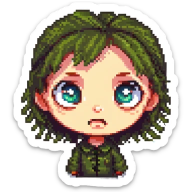 scary cute girl character, big eyes, playful but spooky, cartoon style sticker