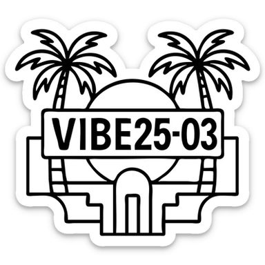 Make this VIBE25-03 logo more Miami Vice inspired by adding 80's Miami palm trees, art deco shapes, and a cool, stylish retro summer vibe, keeping it black and white with no background. sticker