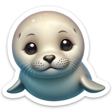 Cinematic Cute Seal Portrait Emoji, Head tilted playfully and inquisitively, with a shiny, smooth body accented by a subtle blush and round, sparkling eyes, Simplified yet irresistibly adorable features, highly detailed, glowing with a warm, friendly aquatic glow, high shine, affectionate and lively, stylized with a touch of endearing charm, soft glowing outline, capturing the essence of a mischievous marine friend that feels like it could pop out of the screen into your arms! sticker