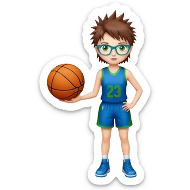 Full Body white plus Girl with basketball spikey short brown hair  wearing blue glasses with green eyes wearing basketball uniform sticker