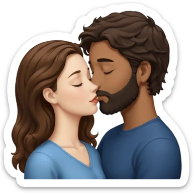 The woman is kissing the forehead of the man, side profile, White woman (brown hair with eyes closed) and brown man with black wavy hair (has a a beard with his eyes closed too). sticker