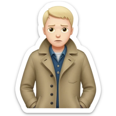 A sad man turns his pockets outside out and looks sadly at the camera sticker