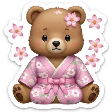 A cute light-brown bear wearing a pastel pink sakura-patterned kimono with a small ribbon on the back, normal balanced head and body proportions, sleepy half-closed eyes, mouth slightly open in a drowsy expression, tiny “zzz” floating near the head, a couple of sakura petals around
 sticker