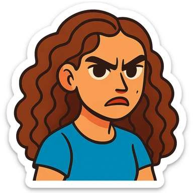 vibrant illustration of a girl with long curly brown hair (not too dark), intense dark brown eyes, clear skin (neither pale nor tan), mole on right cheek, angry expression sticker