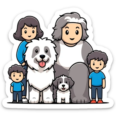 A family with mom, dad, three sons, and an Old English Sheepdog sticker