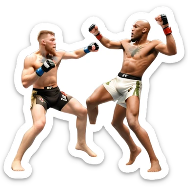 An MMA showdown between Conor McGregor and Anderson Silva in the octagon. McGregor is executing a jumping strike, while Silva skillfully deflects the attack. The background shows the UFC octagon with roaring fans and vibrant energy. Transparent background. sticker
