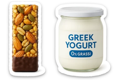 BARRETTA ENERGETICA E BARATTOLO DI YOGURT GRECO CON  LA SCRITTA "0% grassi" SULL'ETICHETTA  , ISOLATA SU SFONDO BIANCO sticker