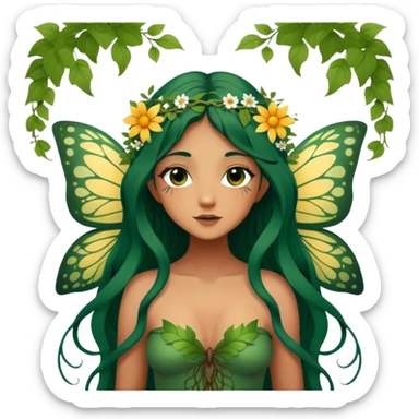 Cinematic Realistic Forest Nymph Fairy Portrait, depicted with lifelike, sun-kissed tanned skin that radiates an earthy glow, softly illuminated by natural, dappled light. Her long, flowing dark green hair is intricately detailed and interwoven with delicate vines and wildflowers, while her deep, soulful eyes mirror the wisdom of the forest. Dressed in an attire inspired by nature’s palette—with subtle botanical motifs—the portrait exudes a soft, enchanted glow that melds realism with woodland magic showing her large butterfly wings. sticker