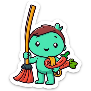 Friendly broom character sweeping through intestines, representing how fiber cleans the digestive system, surrounded by healthy food symbols sticker