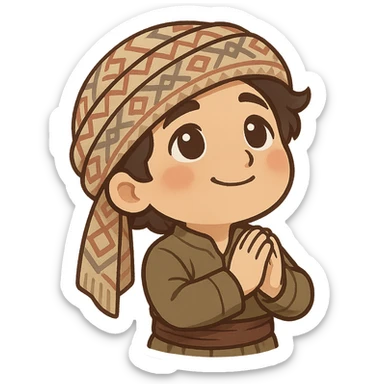 Kurdish sticker, hopeful mood, cartoon style, Kurdish person in jamadani, looking up with a gentle smile, hands together, no text sticker
