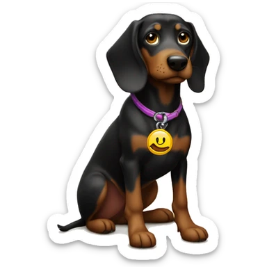 I want a emoții with a black teckel with a talisman with the name Scooby  sticker