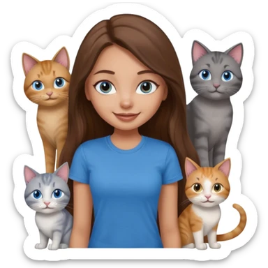 a pretty bratz dusky light skin girl with long brown hair, blue eyes with six cats nd wearing a grey tshirt sticker
