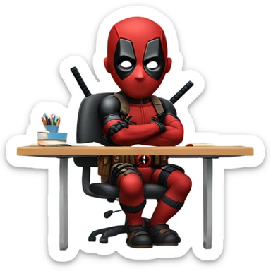 Cute Deadpool sitting at a desk, front view sticker