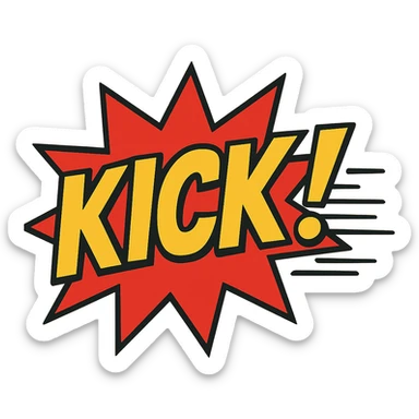 comic book style 'KICK!' action word with motion lines sticker