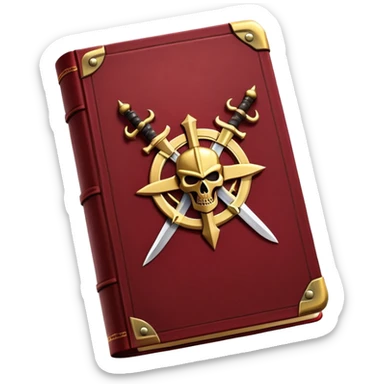 A dark crimson red book with black and gold details, a rugged leather texture, and an emblem of crossed swords, a knight chess piece, or a battle flag, radiating strategy, discipline, and the art of power sticker