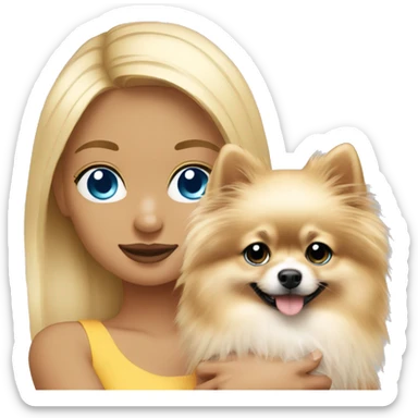 blond hair girl blue eyes holding a blond pomeranian sticker