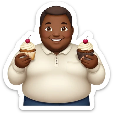 Extremely overweight African American man with a very round face and body, smiling and holding cupcakes sticker
