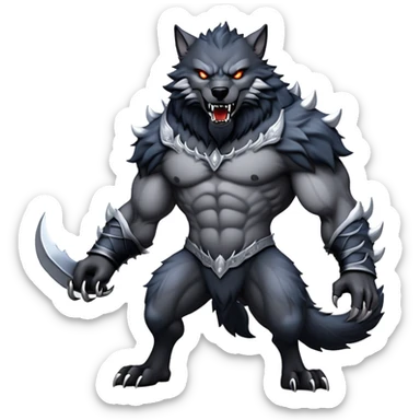 cinematic-noble-fierce-werewolf-full-body-emoji, poised-and-imposing, with a tall, lean, and muscular wolfish frame inspired by the brutal, imposing shape of the beast from Berserk, fur rippling in shades of midnight black and silver, massive paws with razor-sharp claws, elongated limbs and fangs, eyes glowing with an intense, primal ferocity, reflecting the untamed power of the wild moonlit night; rendered with realism sticker