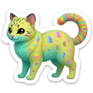  cute adorable yellow-green-turquoise-gradients albino fur with random colorful iridescent rainbow markings beautiful elegant pretty precious cute  Fakémon-Pokémon-opossum-feline-serval-caracal-chinchilla-Minccino-hybrid-creature with a big fluffy bushy striped tail (full body) sticker