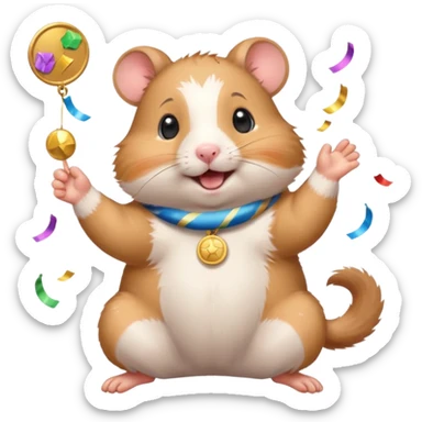 Cute cartoon-style hamster throwing confetti, holding a tiny medal, joyful expression. Painterly shading, white background, sticker-style illustration sticker