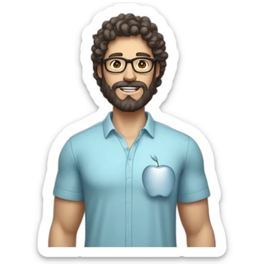 A male nutritionist with a full beard and dark, curly hair and white skin, wearing glasses, holding an apple in his hand. Who has a light blue shirt on. sticker