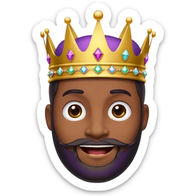 Create a cartoon-style emoji of Baltasar, one of the Three Wise Men. Only show his face and crown. He has a joyful expression, black beard, and a purple and gold crown with jewels. Make it colorful, simple, and suitable as an emoji. sticker