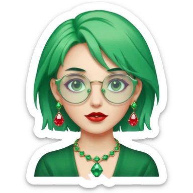 gem lover woman with gem accessories excessive amount gem glassess very big gem earrings green hair and red diamonds sticker